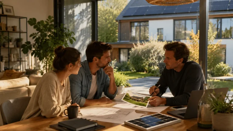 Energieadviseur bespreekt woningplannen en zonnepanelen met bewoners aan een tafel.