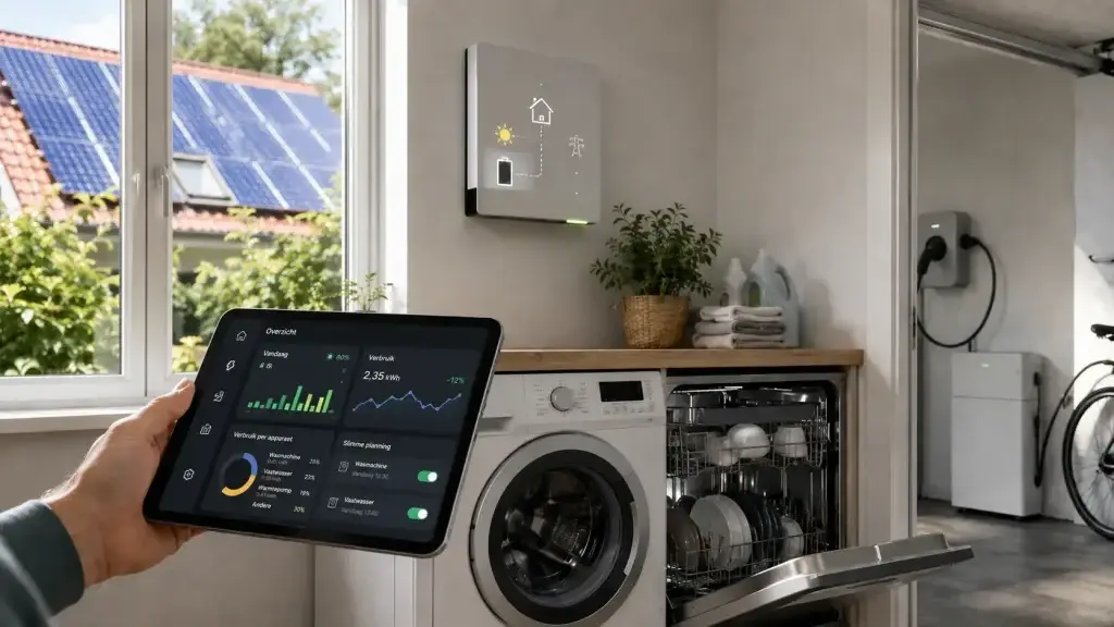 Wasmachine en vaatwasser worden via energiemanagement automatisch ingepland wanneer zonnestroom beschikbaar is.