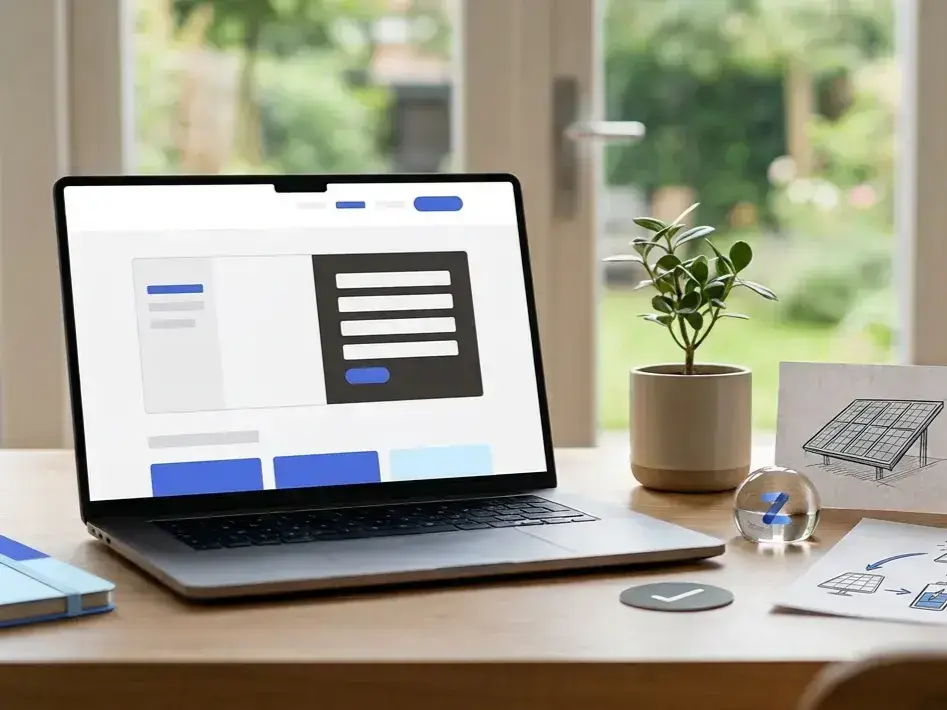 Laptop op een houten bureau met een aanmeldinterface, duurzame werkdetails en zicht op een groene tuin.