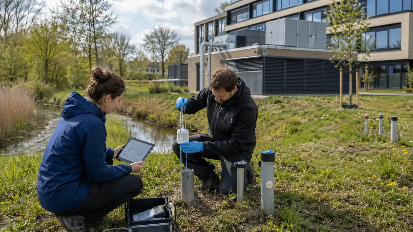 Milieuspecialisten onderzoeken bodem en grondwater bij een installatie voor ondergrondse warmteopslag. ondergrondse warmteopslag