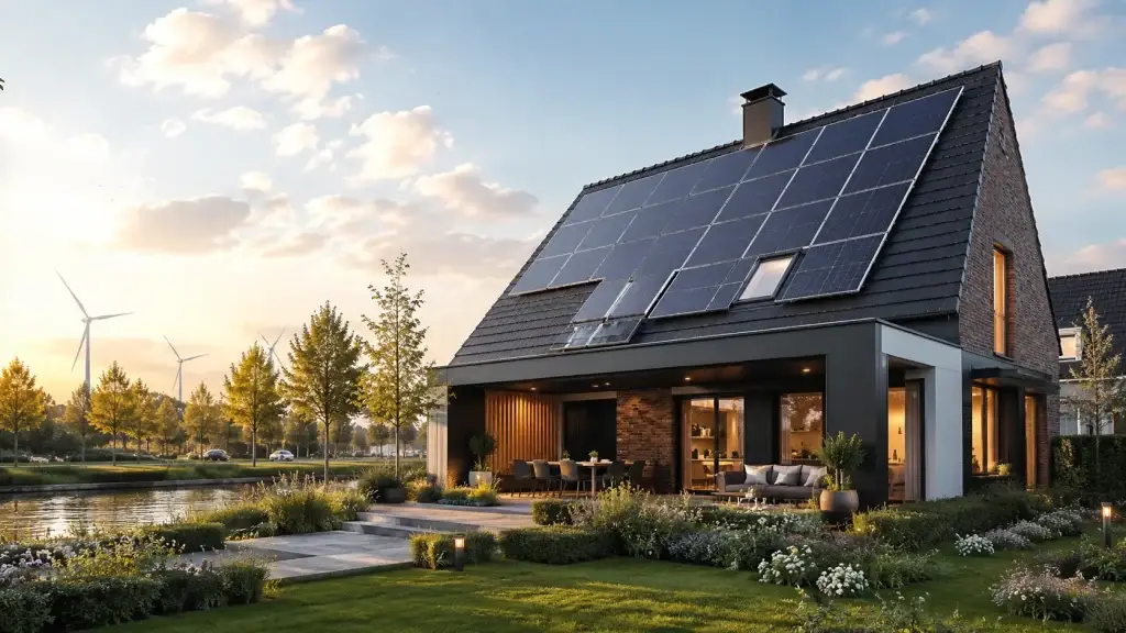 Moderne Nederlandse woning met zonnepanelen, een groene tuin en windmolens op de achtergrond.