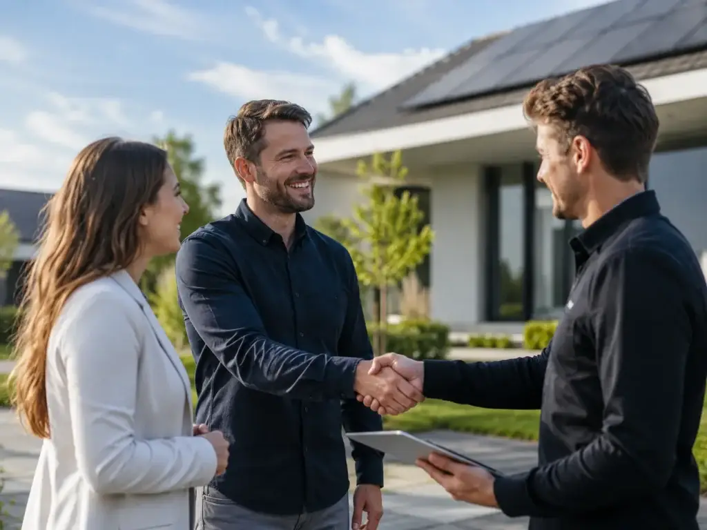 Nieuwe partner wordt verwelkomd met een handdruk bij een moderne woning met zonnepanelen.
