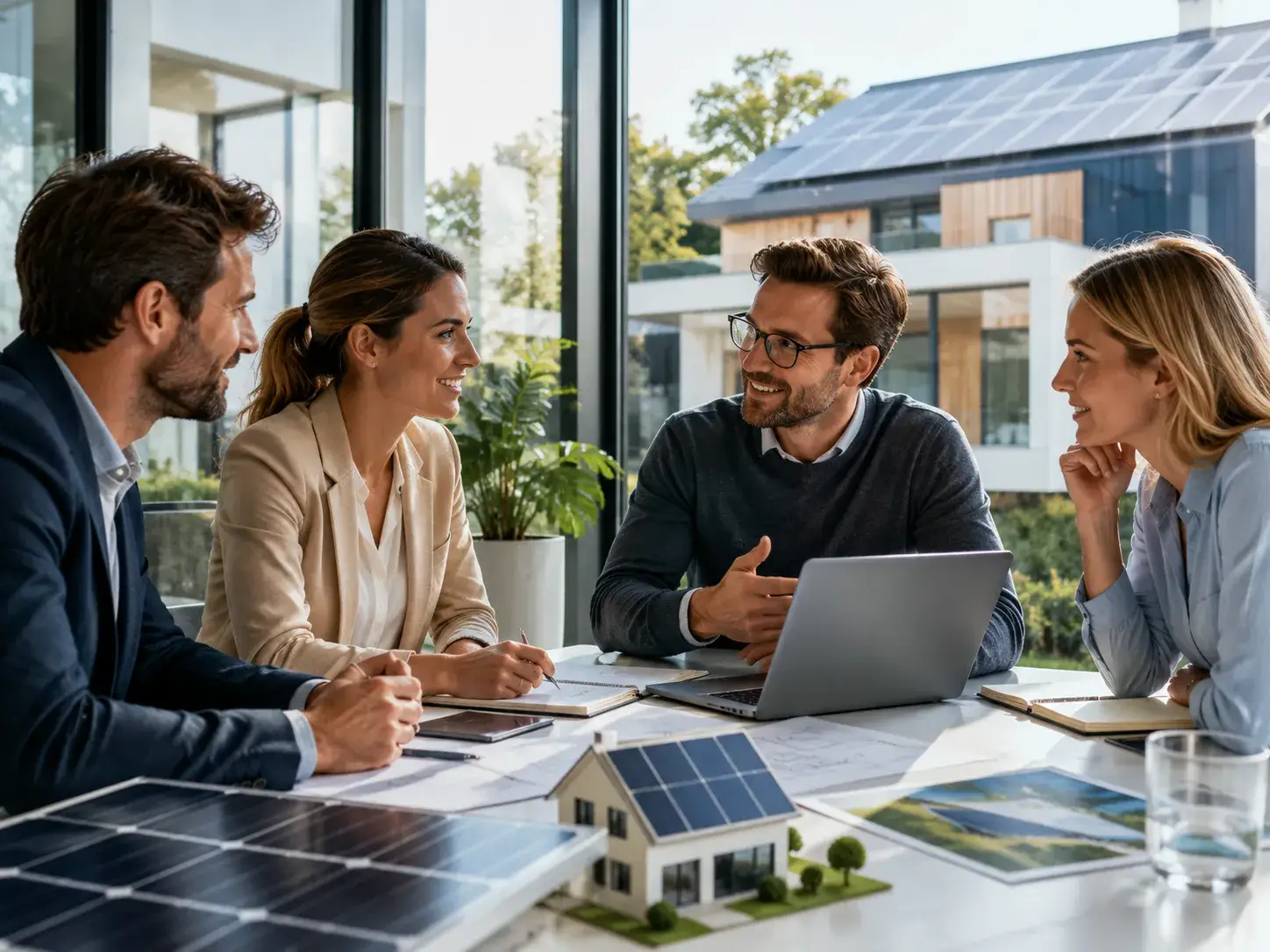 Team van zonnepanelenpartners bespreekt duurzame projecten met een laptop, woningmodel en zonnepaneel.