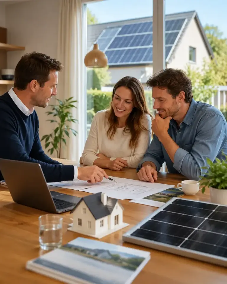 Zonnepanelenadviseur bespreekt praktische informatie met huiseigenaren aan een tafel met woningmodel en zonnepaneel.