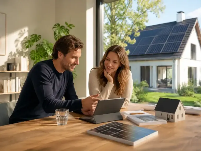 Huiseigenaren bekijken zonnepanelenadvies op een tablet met een woningmodel en zonnepaneel op tafel.
