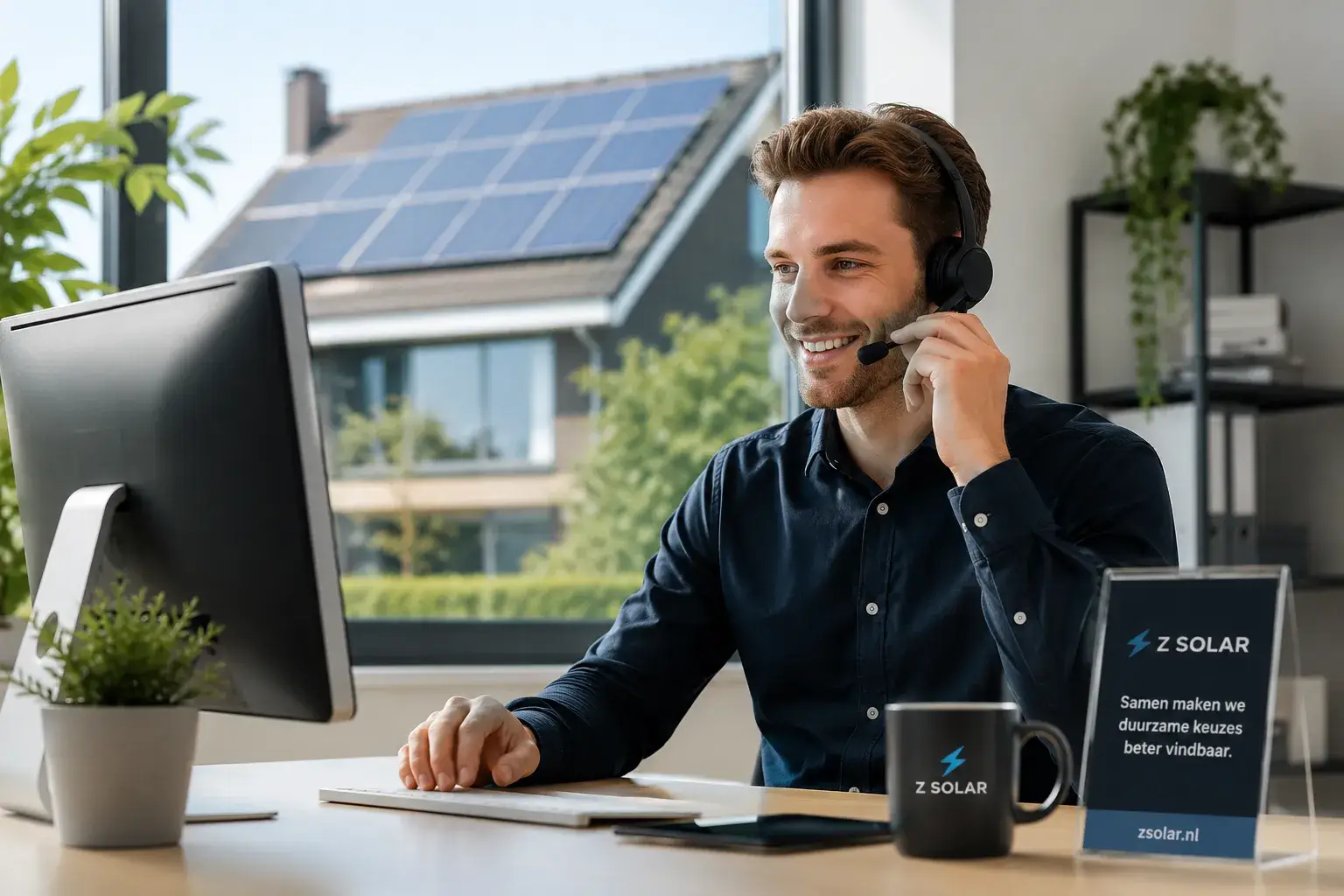 Medewerker van Z Solar helpt een klant telefonisch vanuit een modern kantoor met een woning met zonnepanelen op de achtergrond.