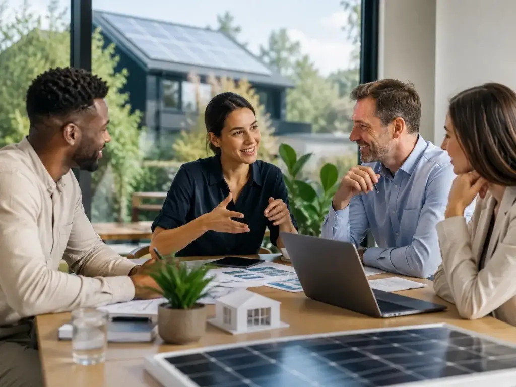 Team bespreekt een samenwerking voor zonne-energie met een laptop, documenten, woningmodel en zonnepaneel.