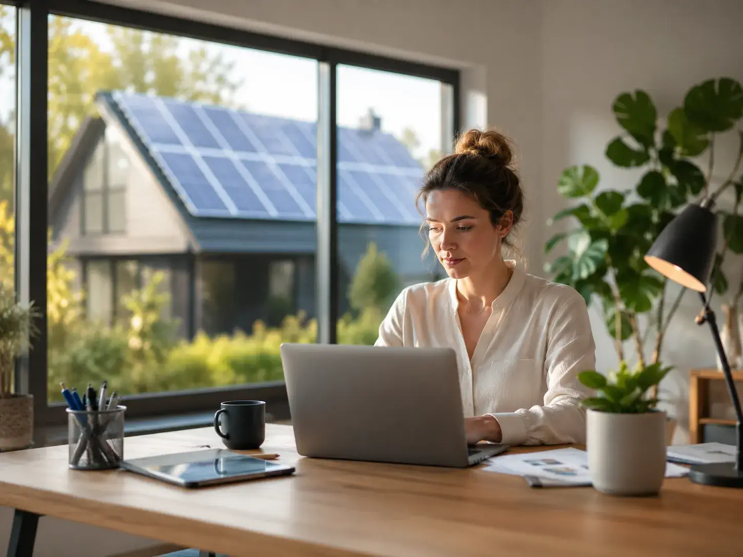 Schrijver registreert zich via een laptop in een lichte werkruimte met een woning met zonnepanelen buiten het raam.
