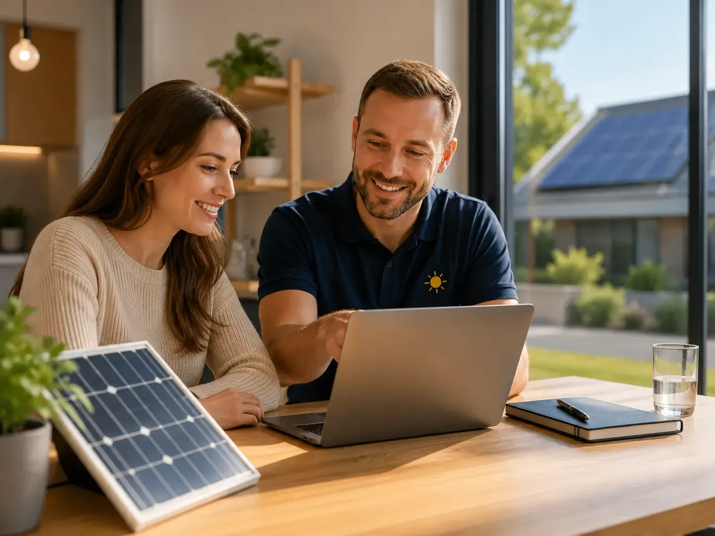 Zonne-energieadviseur helpt een deelnemer met registreren via een laptop, met een zonnepaneel en woning met zonnepanelen op de achtergrond.