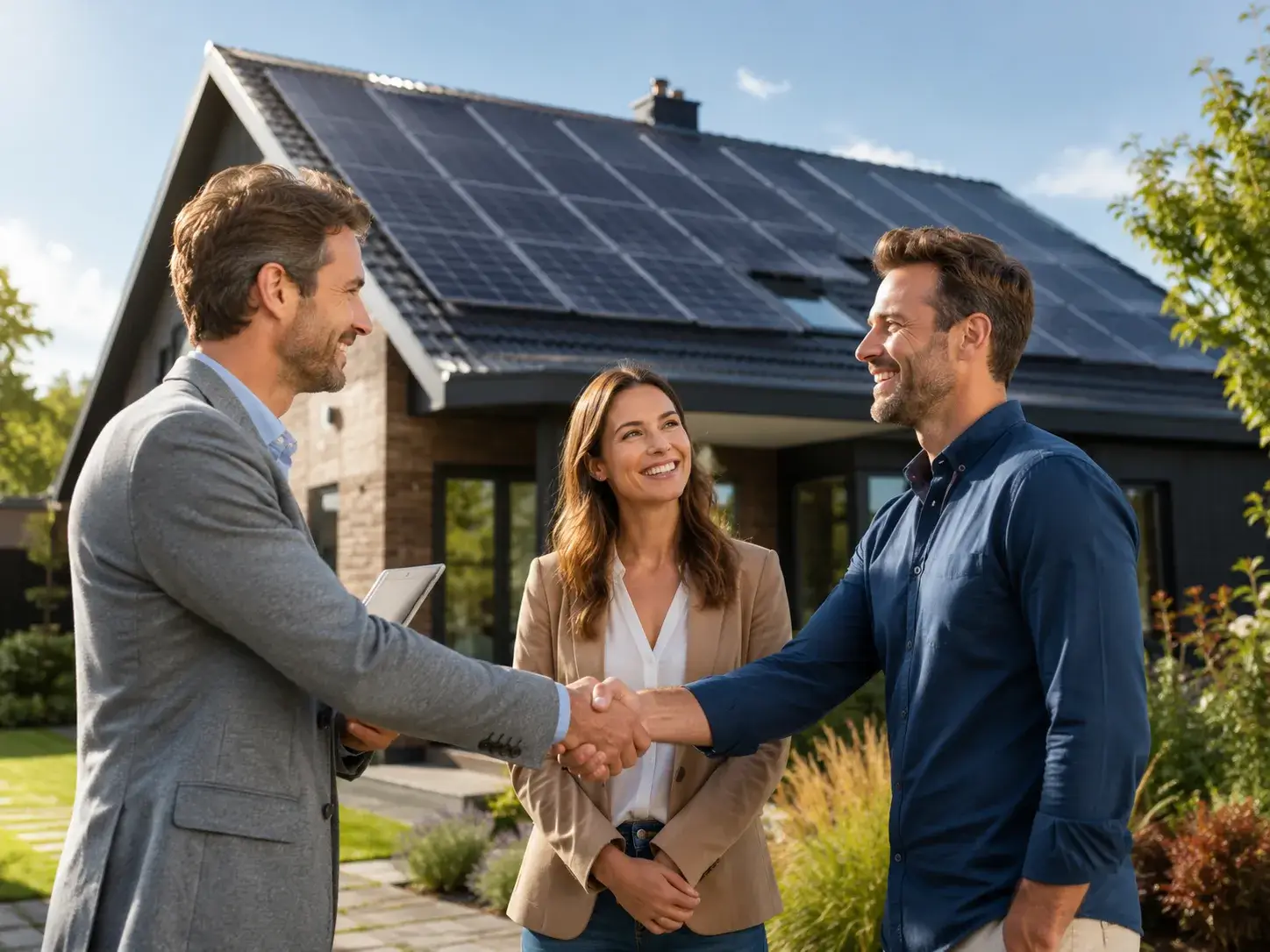 Professionals bevestigen een duurzame samenwerking bij een moderne woning met zonnepanelen.