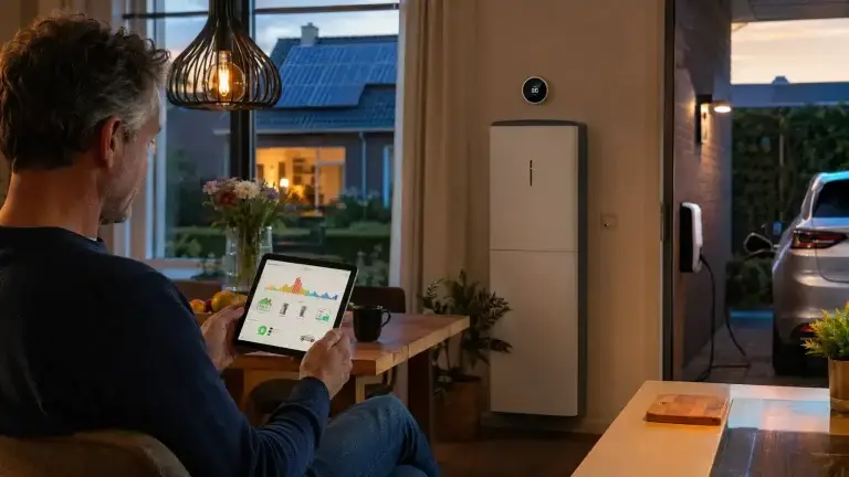 Bewoner controleert het energiemanagement van zonnepanelen, thuisbatterij en huishoudelijke apparaten via een tablet. energiemanagement