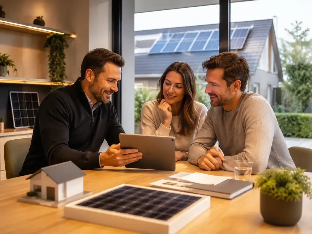 Zonne-energieadviseur beantwoordt vragen van huiseigenaren met een tablet, woningmodel en zonnepaneel bij een woning met zonnepanelen.