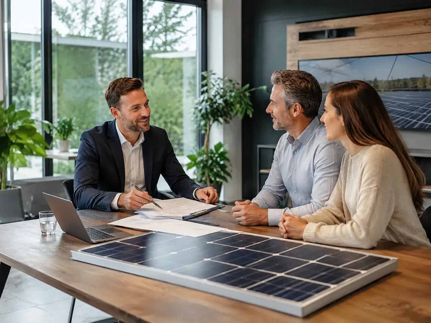Zonnepanelenadviseur bespreekt samenwerkingsplannen met bedrijfsvertegenwoordigers aan een tafel met zonnepaneel.